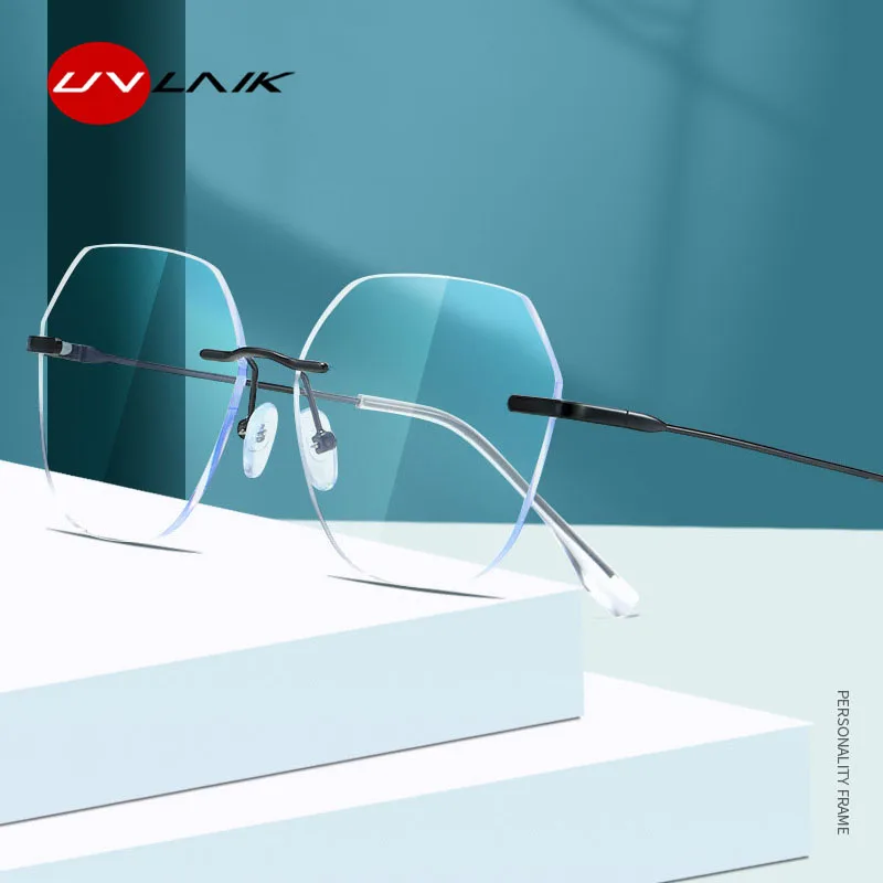 

UVLAIK Anti Blue Light Computer Glasses Frame Women Ultralight Rimless Retro Myopia Prescription Eyeglasses Female Spectacles