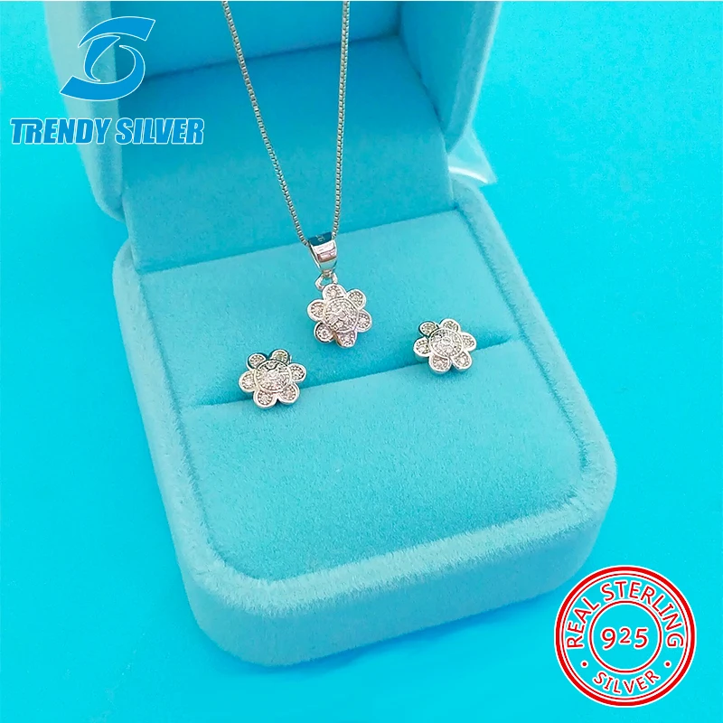 

complete pure 925 sterling silver zirconia clear CZ luxury jewelry set earrings for woman pendant necklace trendy design