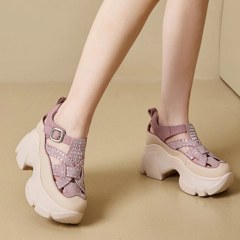 8.5cm Chunky Sneakers Genuine Leather Slide Summer Ankle Rhinestones Hollow Women Platform Sandals Wedge Breathable Female Shoes