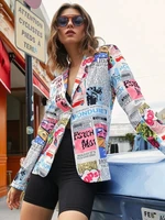 newspapers pattern print single button suits black white women indie aesthetic blazers woman plus size fashion loose blazers new