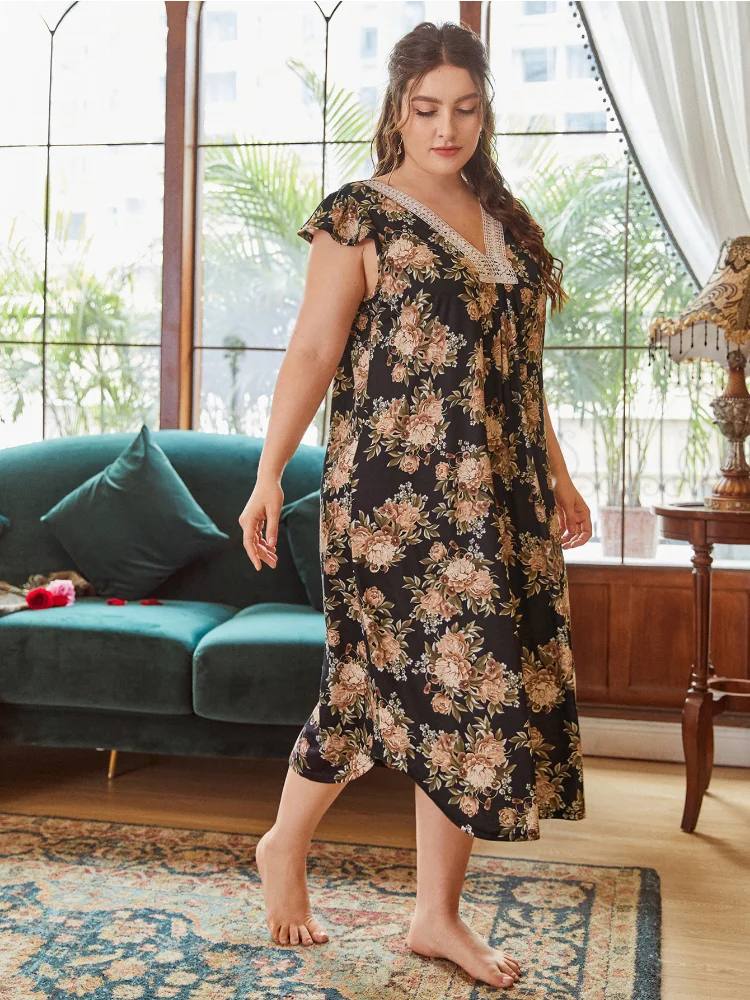 Women's pajamas with printed lace collar for home wear plus size women clothing