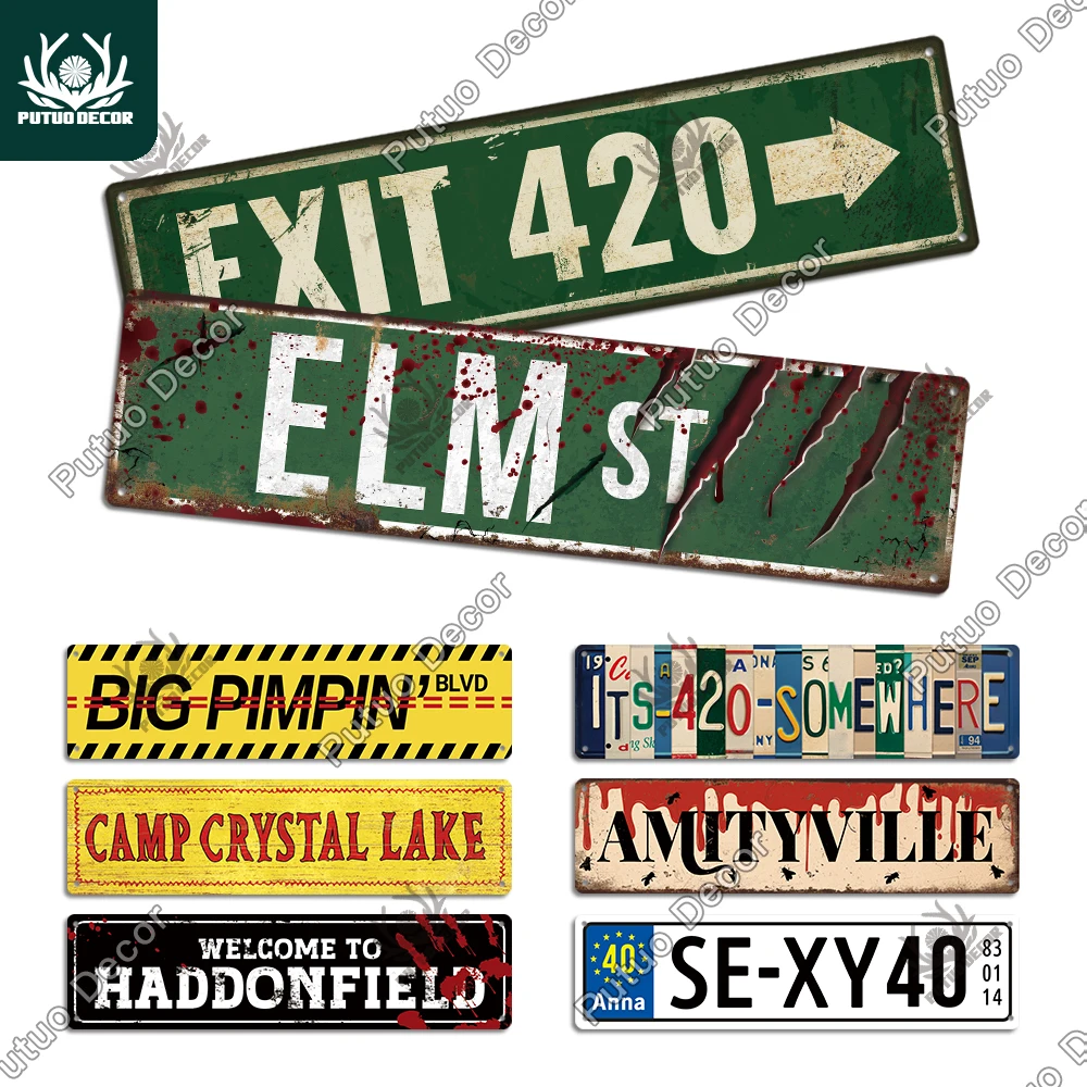 Putuo Elm Street Sign Stoner 420 Accessories Plaque Metal Wall Art for Horror Movie Grunge Room Goat Decor Weed Gifts for Men