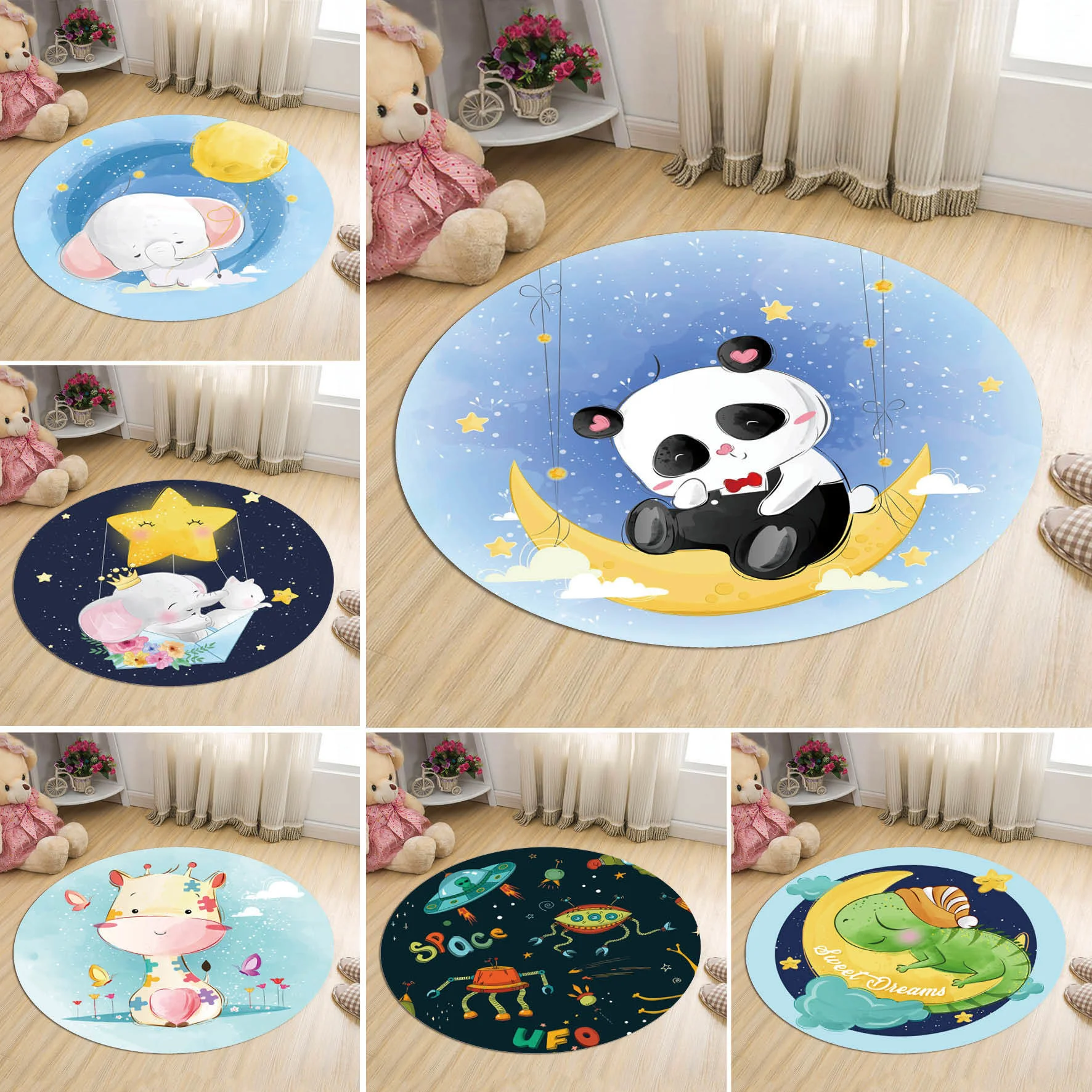 

Cartoon Round Rug Animal Panda Elephant Flannel Living Room Floor Carpet Children's Bedroom Game Carpets Play Mat Home Decor