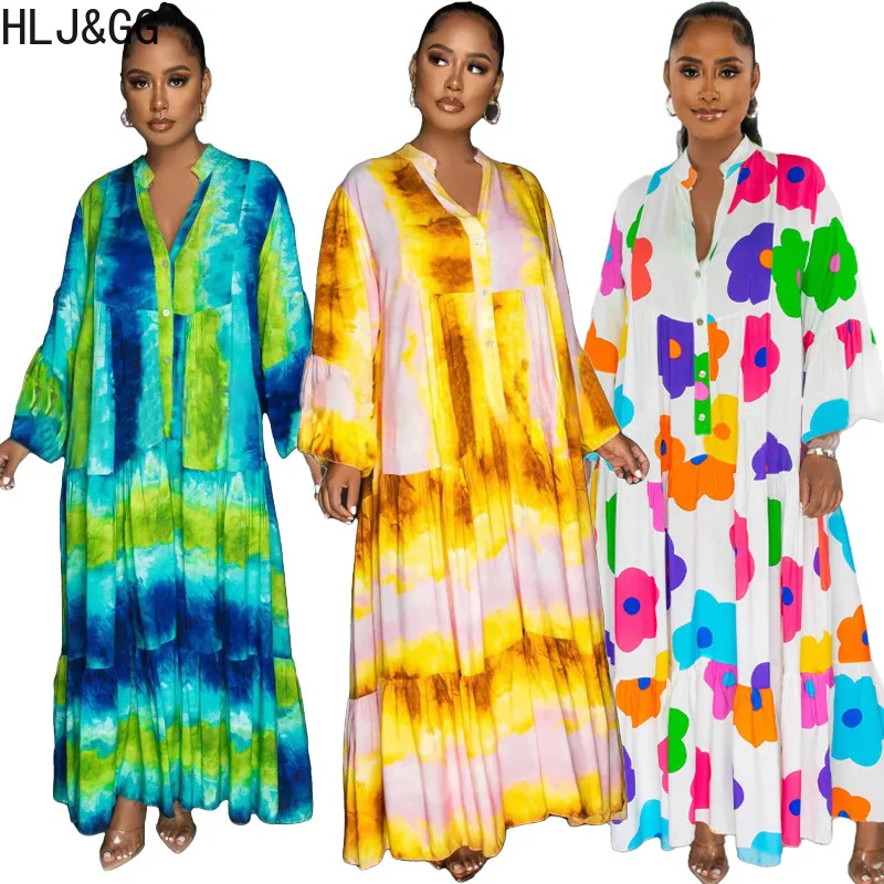 

HLJ&GG Summer Tie Dye Printing Loose Dress Women V Neck Button Long Sleeve Robe Vestidos Casual Female Holidays Streetwear 2023