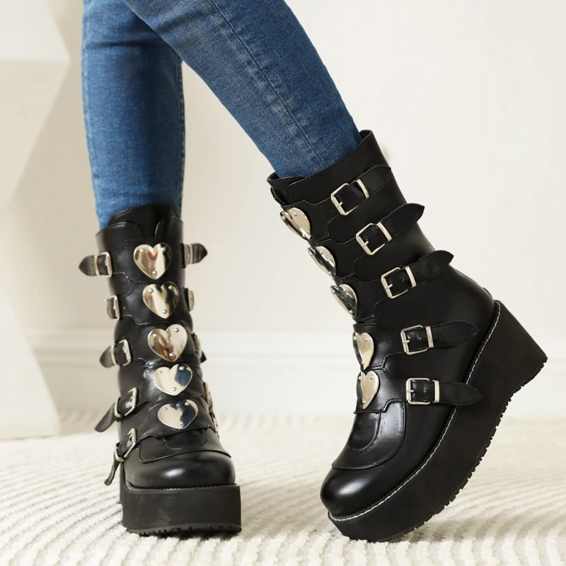 

Women's Platform Boots Fashion Black Punk Goth Middle Tube Boots Woman Shoes Leather Thick Sole Motorcycle Boots Botas Femininas