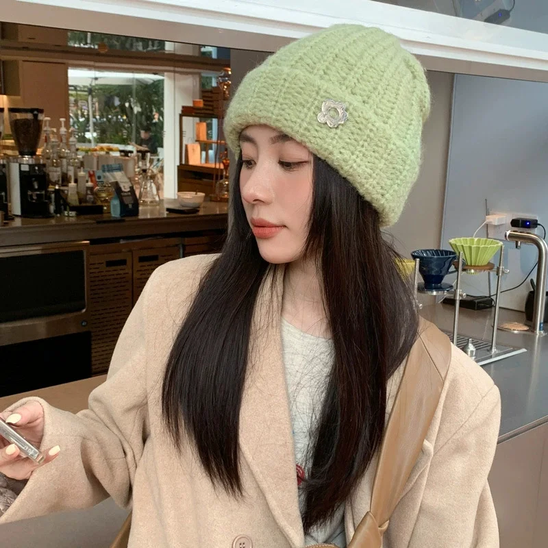 

Women's Hats Japanese Style Flower Thick Woolen Hats Autumn Winter Knitted Hat Ear Protection Caps Woolen Hat