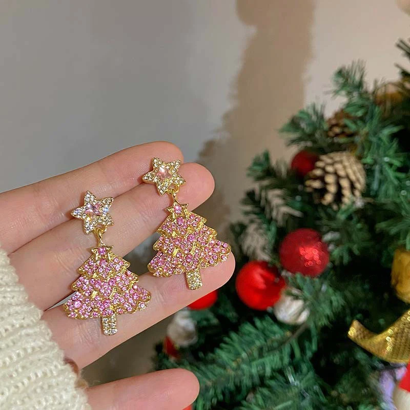 Y2K розовый циркон Рождественская елка серьги с кисточками Рождественские со