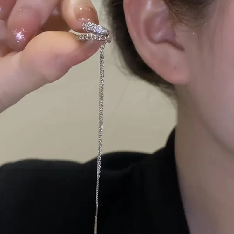 

Micro Inlaid Zircon Double Layer C-Shaped Long Tassel Integrated Ear Clip Hoop Earrings For Women Jewelry