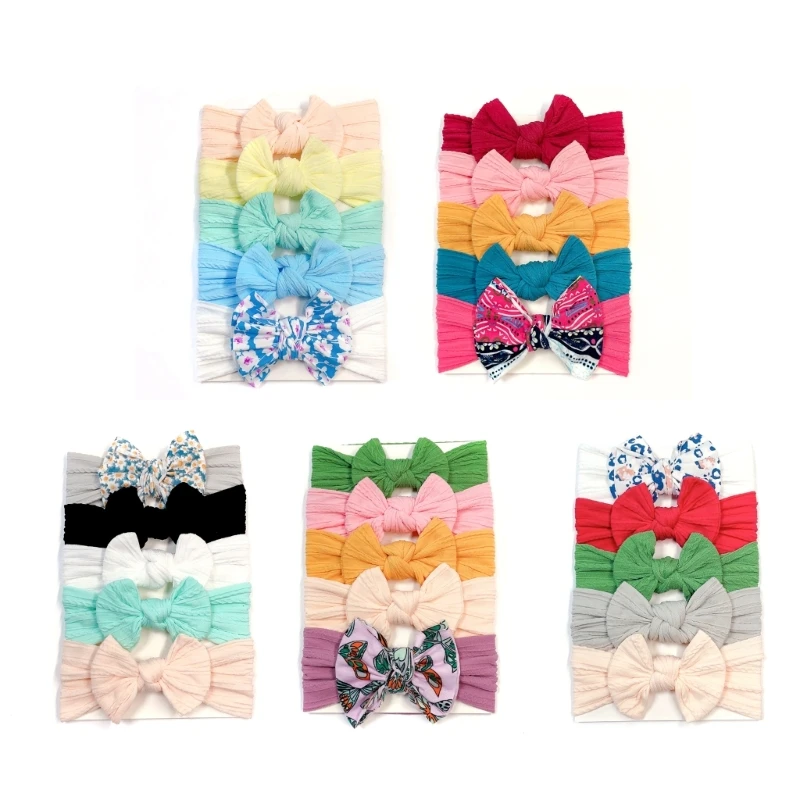 

Q81A Infant Headdress Solid Color Bow Headband 5PCS Fashion Baby Bow Turban Headband
