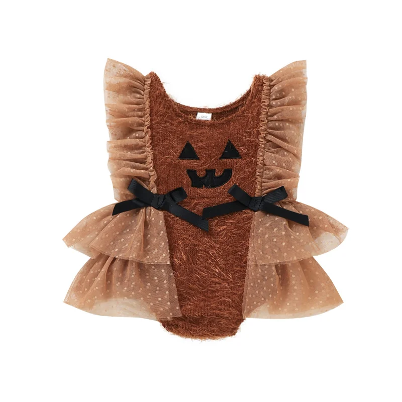 Fall Lace Design Ruffled Newborn Infant Dressy Romper Bodysuit Baby Girl Halloween Costume Brown Clothes Baby Clothing Sets