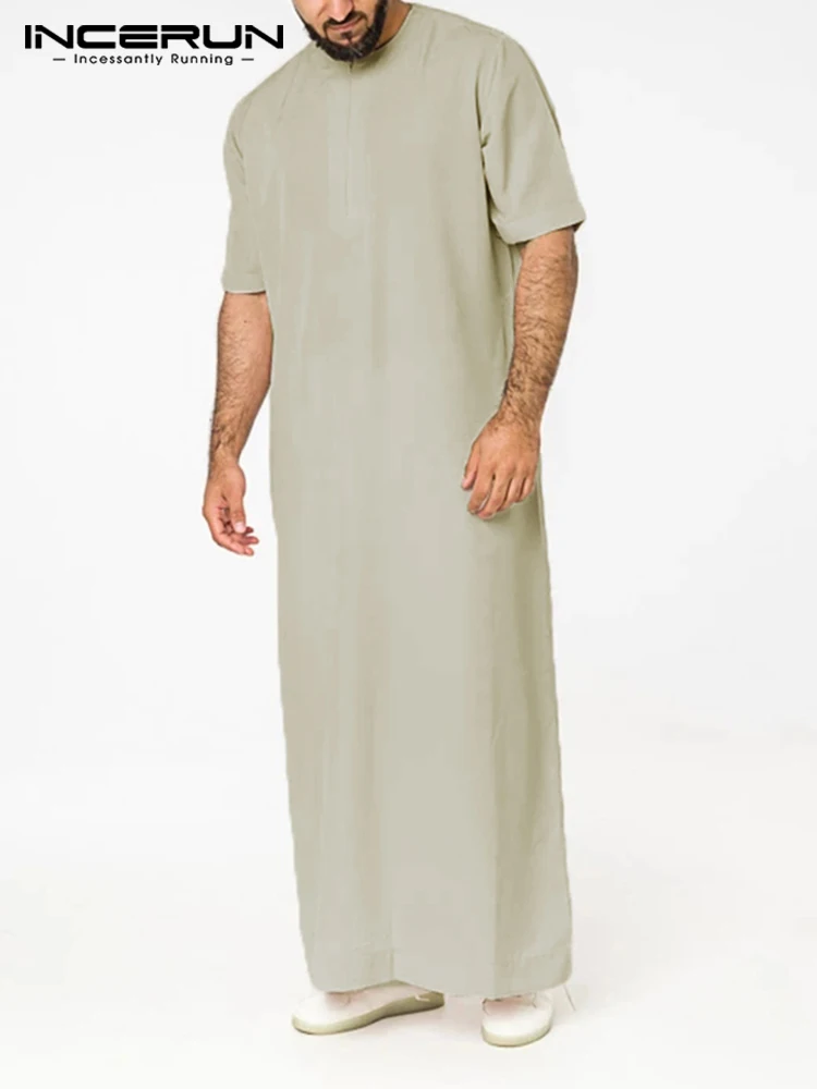 INCERUN 2022 New Men's Solid All-match Robes Saudi Style Jubba Thobe Vintage Short Sleeve O-Neck Muslim Arabic Islamic Robes 5XL