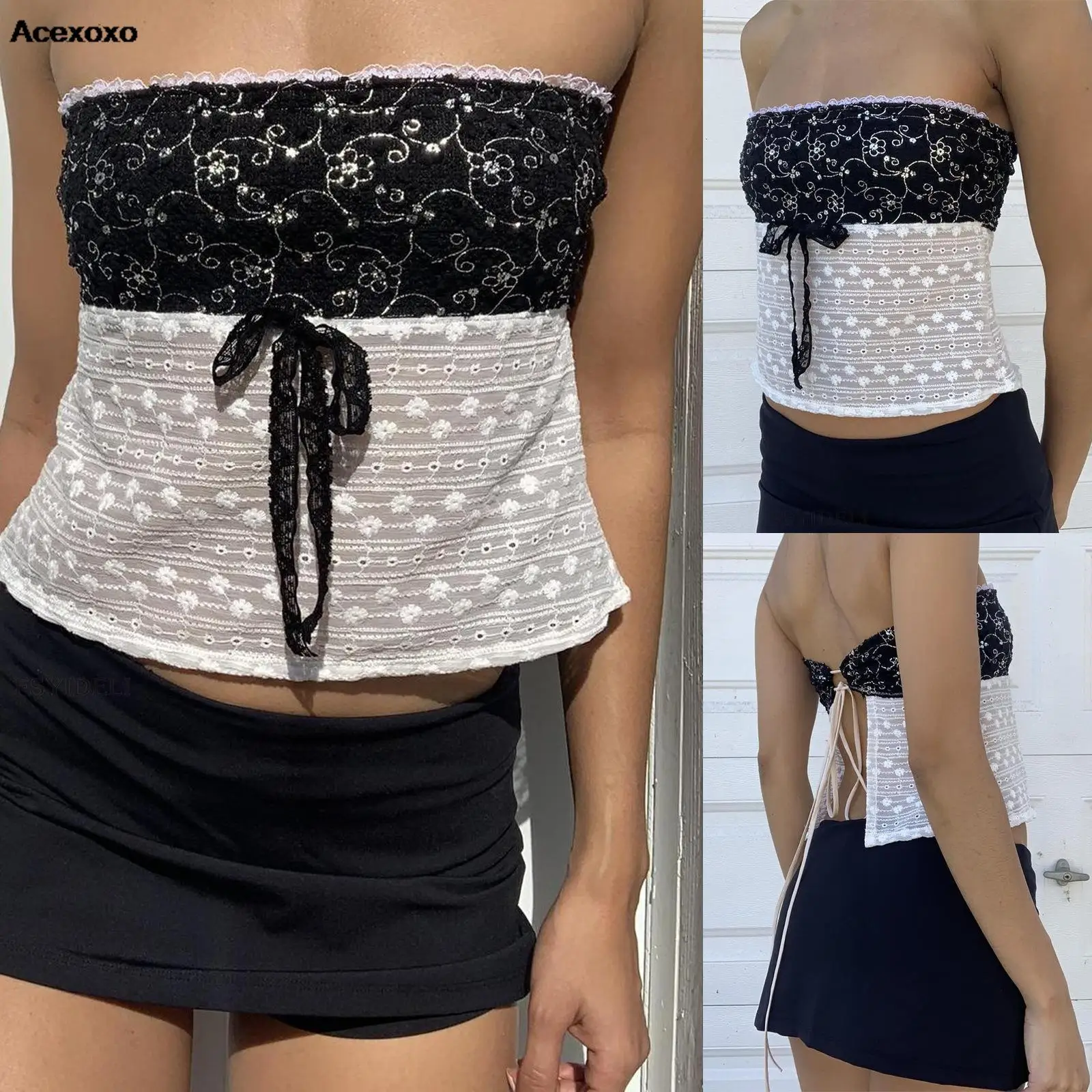 

Summer wipes bosom sleeveless lace stitching spice sexy backless top female trials