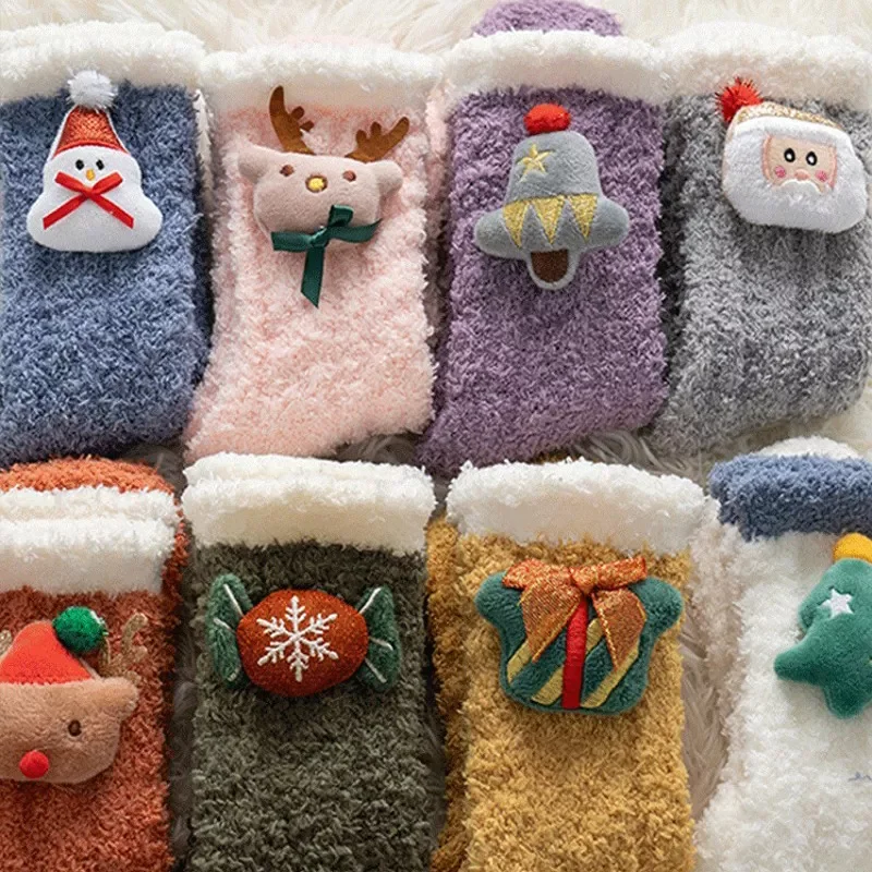 

Fleece Women Socks Christmas Elk Bear Candy Gift Winter Thickening Cute Mid-tube Sock Ladies Home Bed Floor Slipper Sox