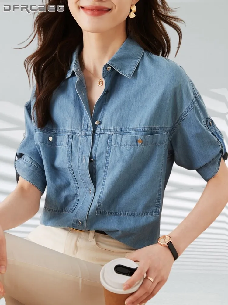 

Блузка женская джинсовая короткая в винтажном стиле, уличная одежда из денима, тонкая рубашка-блуза из денима в стиле ретро, синий топ, лето 2023