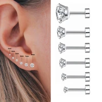 2pcs fashion stainless steel unisex women men round crystal zircon ear studs earrings 4 prong tragus cartilage piercing jewelry