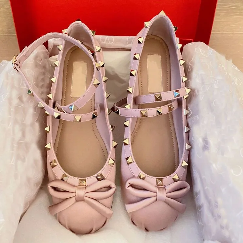 

V family riveted satin ballet shoes female 2023 new bow French single shoes flat bottom Mary Jane princess shoes