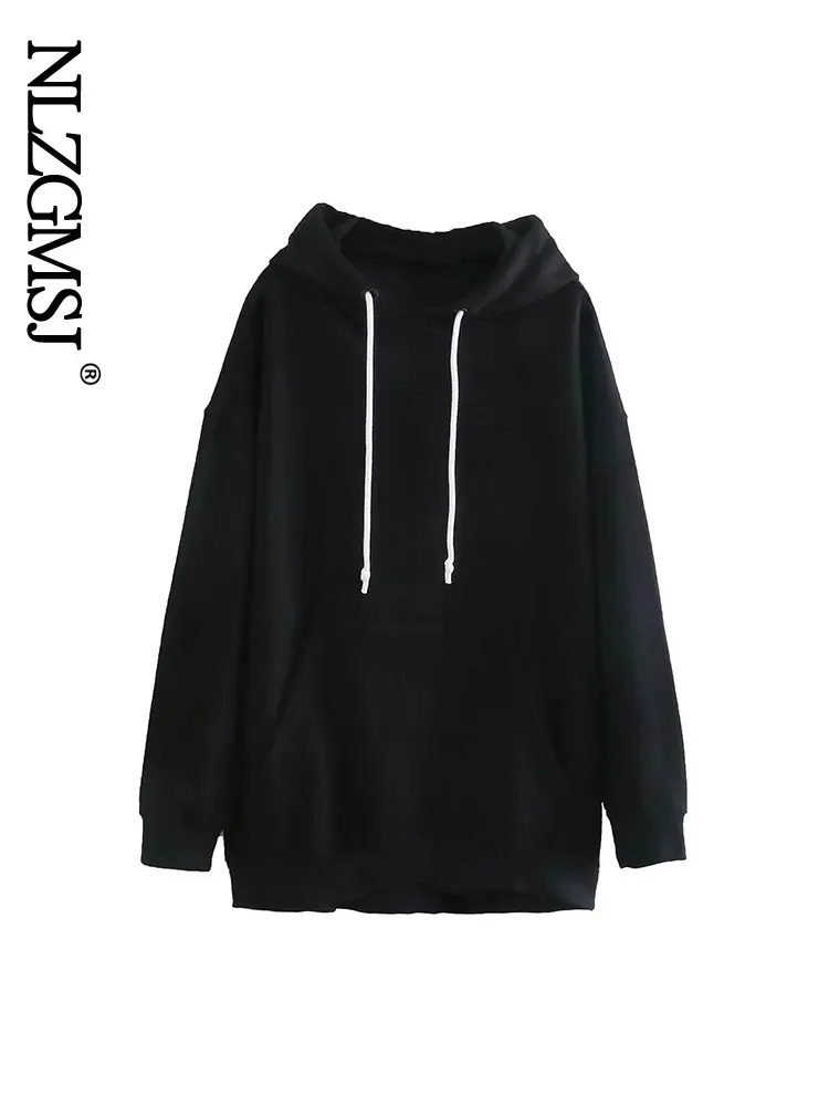 

Nlzgmsj 2022 Women Autumn Fashion Black Pockets Hoodies Sweatshirts Vintage Long Sleeve Drawstring Tied Female Pullovers Tops