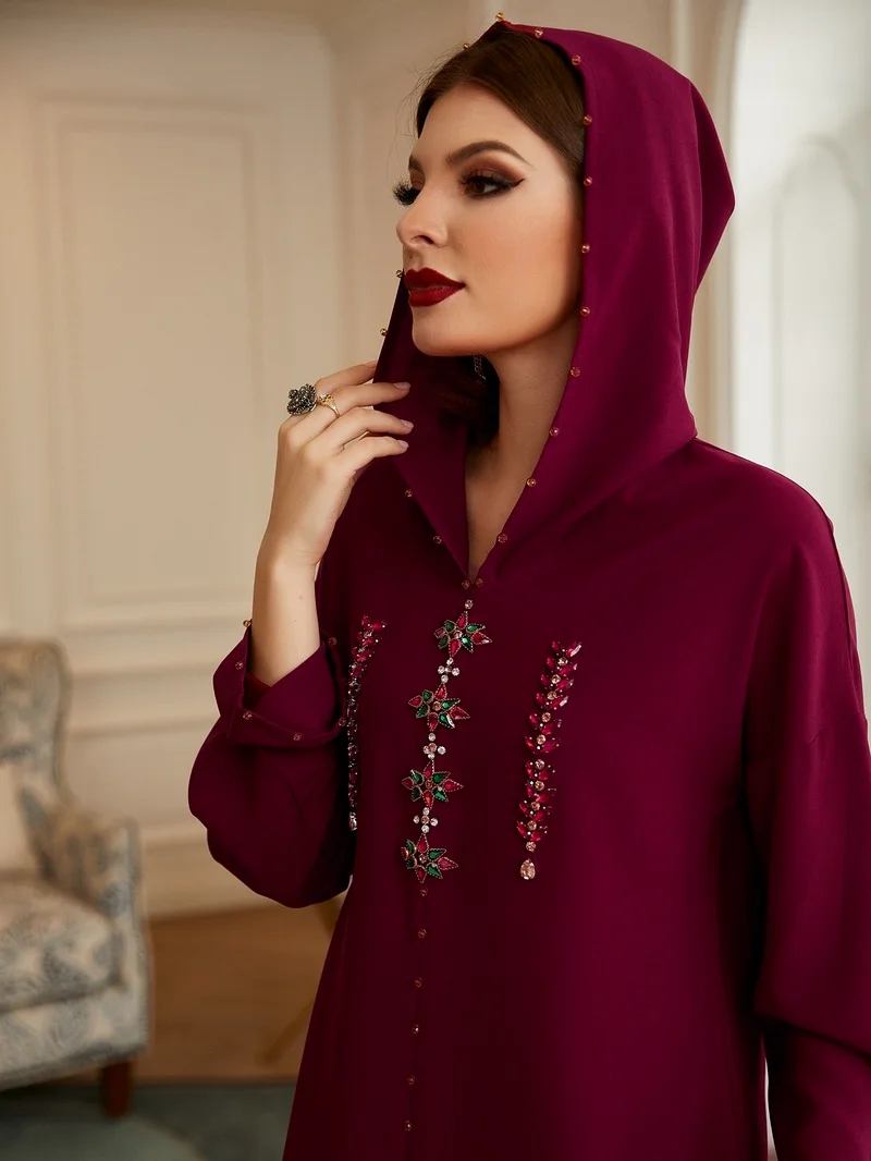 Hooded Long Dresses for Women Dark Red Hand Sew Colored Rhinestones Beaded Moroccan Caftan Loose Casual Arab Dubai Robe