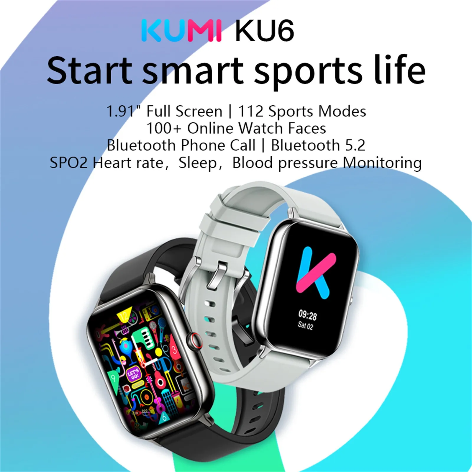 

Kumi Ku6 Smartwatch 1.91inch Full Screen For Android Phones, Ip68 Waterproof Smart Watches Heart Rate, Blood Oxygen, Fitness