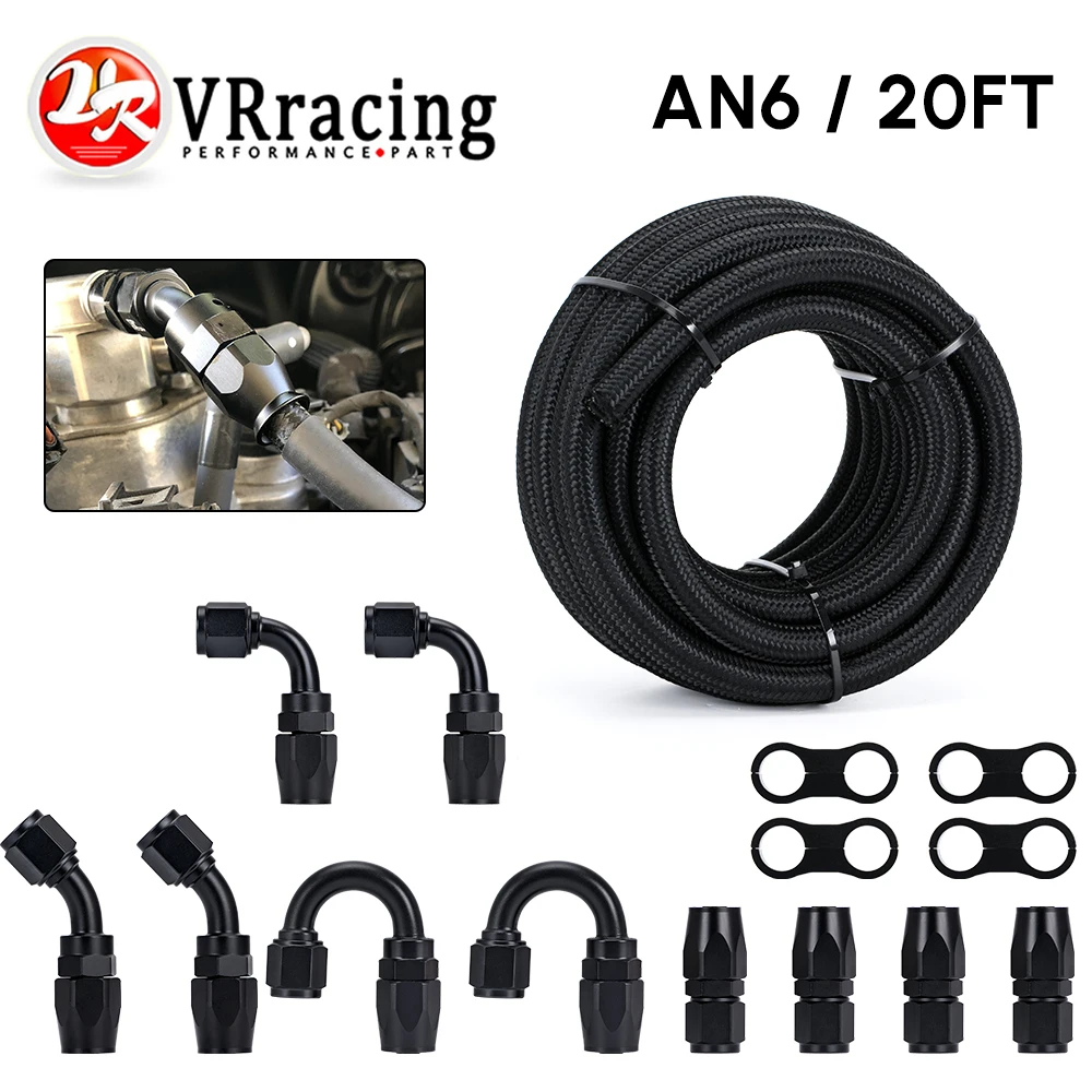 6Meter/20FT AN6  6AN Oil Fuel Fittings Hose End 0+45+90+180 Degree Stainless Steel Braided Oil Fuel Hose Line Black With Clamps