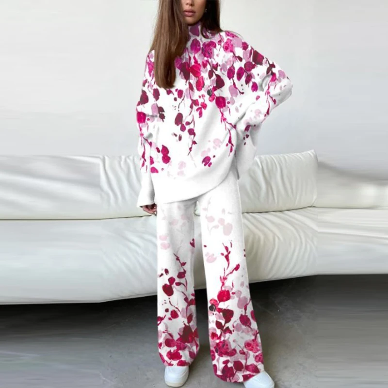 

Fashion Print Sweatshirt Suits Elegant High Neck Long Sleeve Pullover Tops And Wide Leg Pants Outfit Casual Tracksuits Women Set