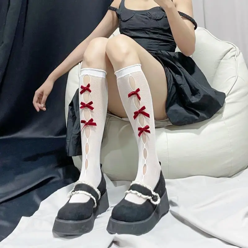 

Длинные белые кружевные сетчатые женские носки Lolita с бантом и вырезами до бедра средней длины Носки студенческие носки Jk для косплея