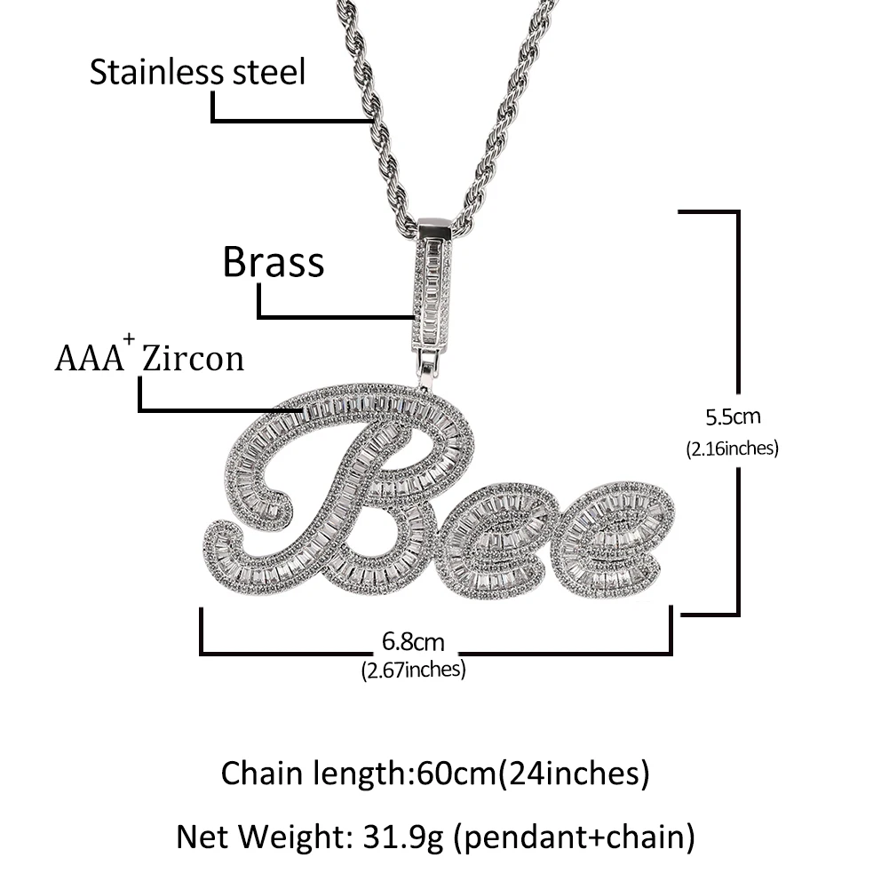 UWIN Custom Brush Letter Necklace Icy Square Zircon Name Pendant with Baguette Chain Personalized Nameplate Hip Hop Jewelry