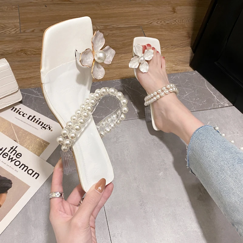 2023 Summer Mid Heels Fashion Pearl Women Slippers Shoes New Flower Flip Flops Dress Sandals Women Bohemia Casual Ladies Slides