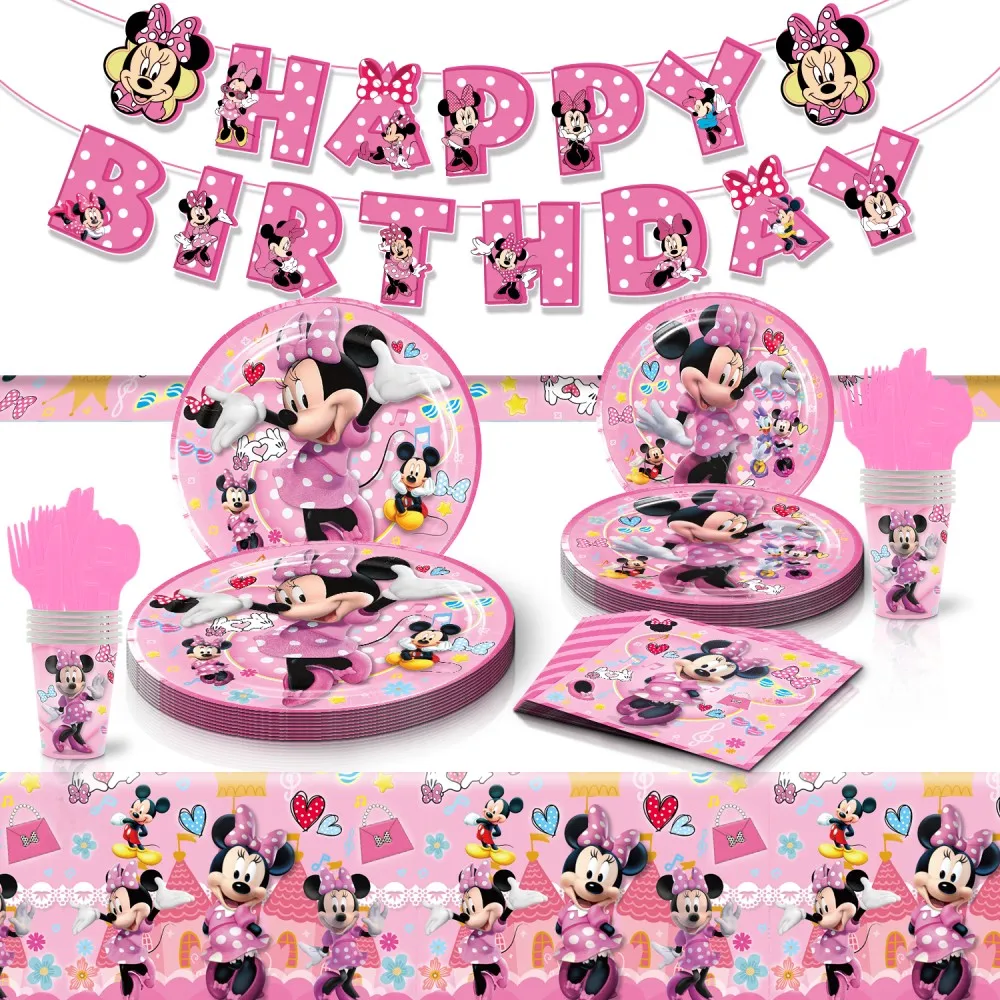 

Minnie Mouse Theme Happy Birthday Party Supplies Disposable Tableware Set Paper Cup Plate Kids Girl Birthday Party Decoration