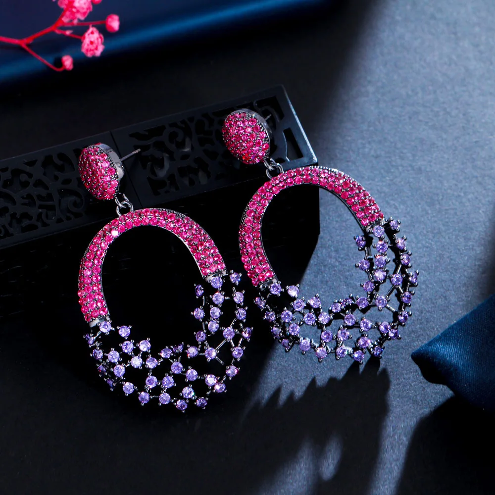 

Женские серьги-гвоздики в стиле ретро, роскошные длинные серьги с круглыми фианитами черного и фиолетового цвета, Яркие модные аксессуары