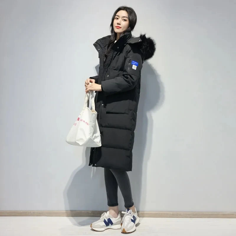 Down Jackets Female Winter 2022 New Thickened Big Hair Collar Long Knee Loose Pure Color Thin Warm White Duck Down Coats Women