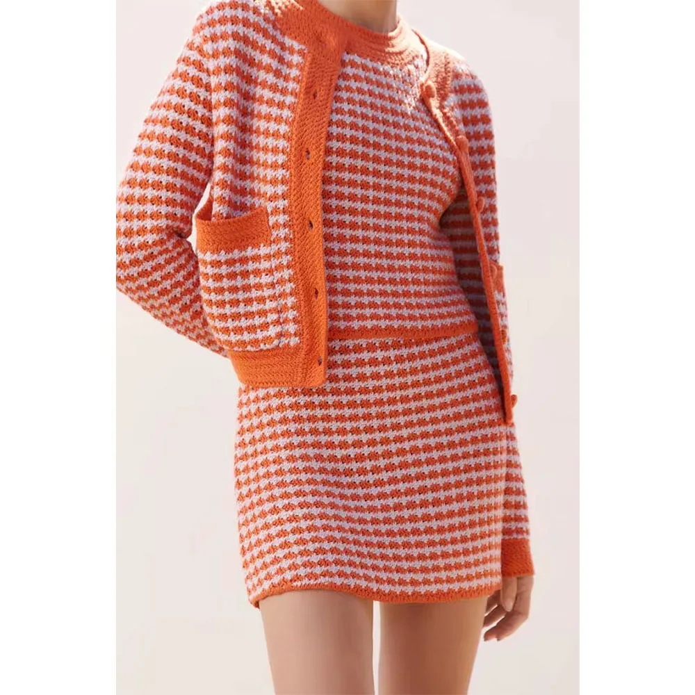 

2022 women's spring latest crochet knitted plaid sweater dress retro fashion temperament high waist miniskirt
