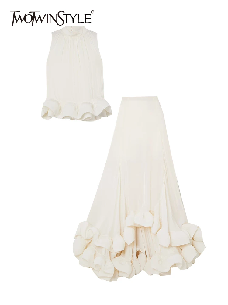 TWOTWINSTYLE Solid Two Piece Sets For Women Stand Collar Sleeveless Tops High Waist Irregular Ruffles Skirts Summer Set Female