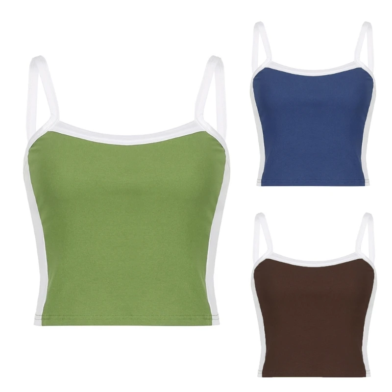 

Women Sexy Off Shoulder Spaghetti Strap Bodycon Slim-Fit Crop Top 90s Side Colorblock Striped Camisole Vest Navel Shirts