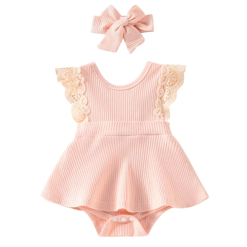

Newborn Girl Romper Outfits, Sleeveless Lace Patchwork Solid Color Dress Style Romper + Cute Headband Set