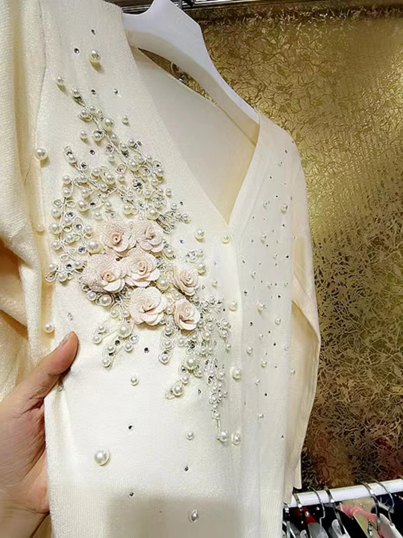 Весна-Осень 2024 роскошный Искрящийся вязаный кардиган с бисером Женский тяжелый