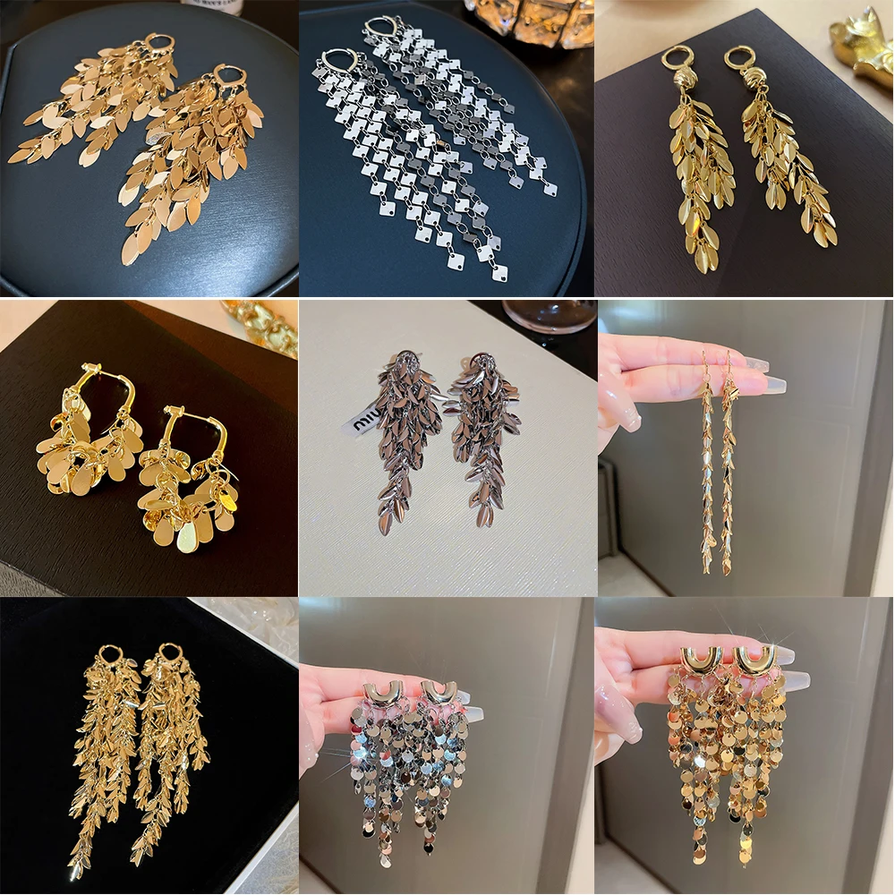 

Европейские и американские модные украшения, медные 18-каратные позолоченные листья, длинные серьги, элегантные городские женские повседне...