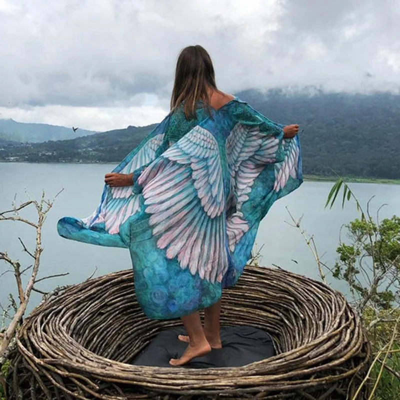 

2022 Summer Sexy Cardigan Women's Chiffon Wings Cover-ups Beach Long Boho Kaftan Dress kimono mujer pareos de playa mujer