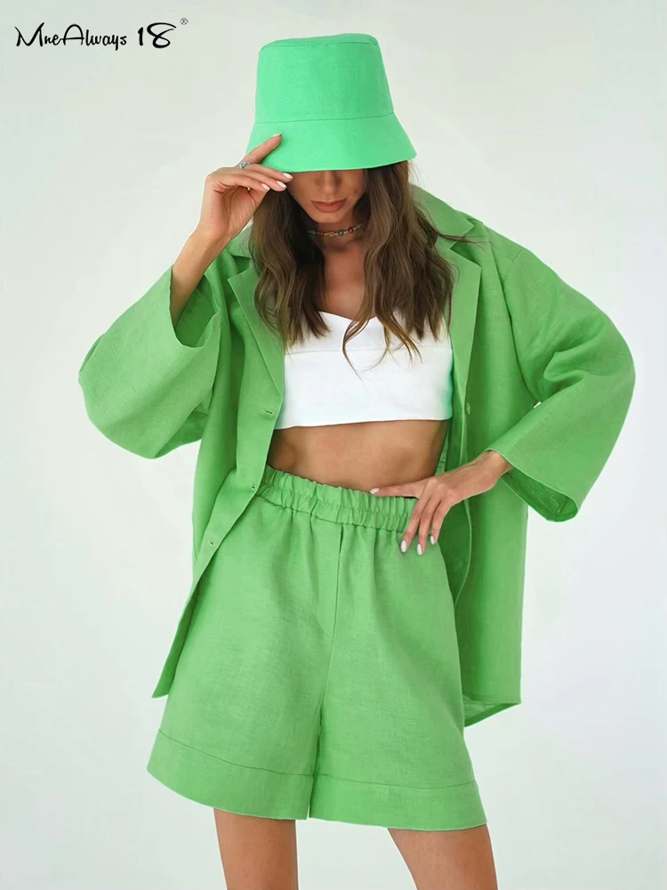 

Mnealways18 Casual Holiday Shorts Sets Cotton Linen Loose 2 Pieces Notched Shirt Summer Waist Wide Shorts Pants Women Suits 2022