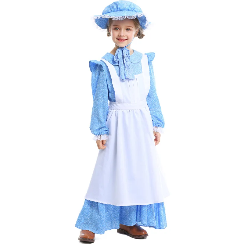 

Pioneer Girl Costume Colonial Prairie Blue Dress Floral Long Sleeve Halloween Costume Child Set with Apron for Kids