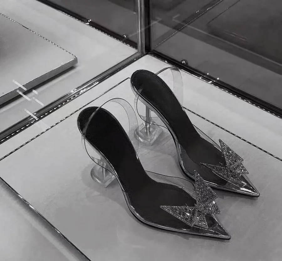 

Summer High Heels Pointed Toe Luxury Rhinestone Bow Transparent PVC Women Sandals Banquet Shoes