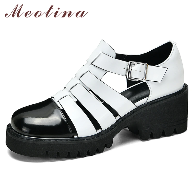 Meotina Women Gladiator Shoes Genuine Leather Thick Heels Platform Pumps Buckle High Heel Lady Footwear 2022 Spring Black 34-40