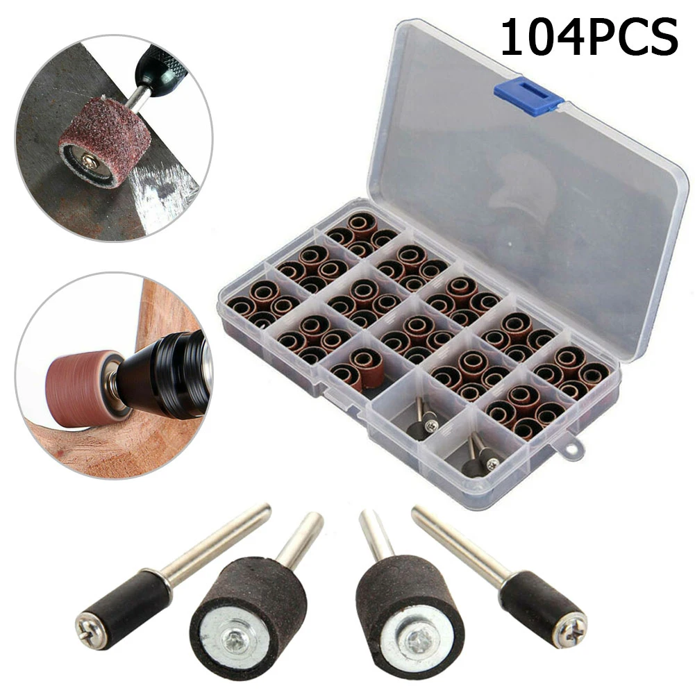 104pcs Sanding Ring Sanding Drum Grinding Head With Mandrels Metalworking Polishing Tools Abrasive Rotary Tool Kit