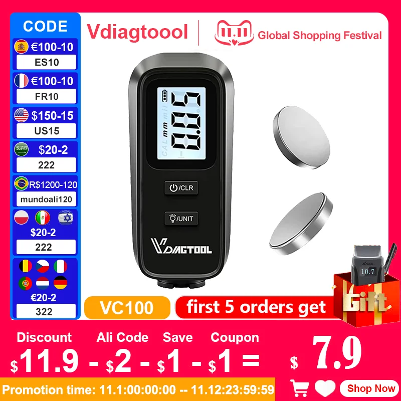 

Universial VDIAGTOOL VC100 Car Thickness Gauge For Car Paint Tester VC100 LCD Backlight Coating Thickness Gauge