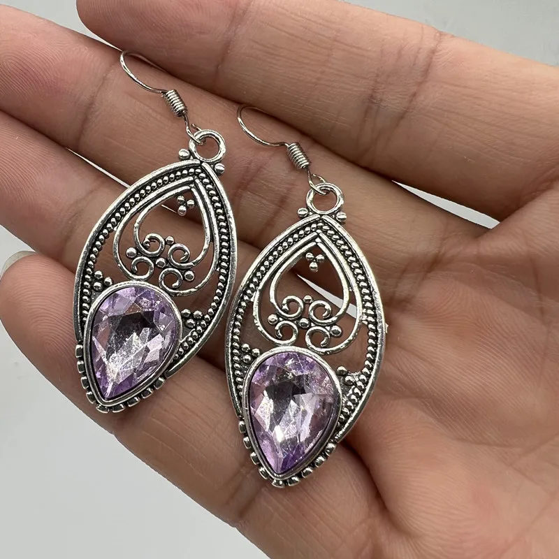 

Bohemian Style Women's Purple Crystal Water Drop Hook Earrings Vintage Craftsman Carving Pattern Hollow Earrings