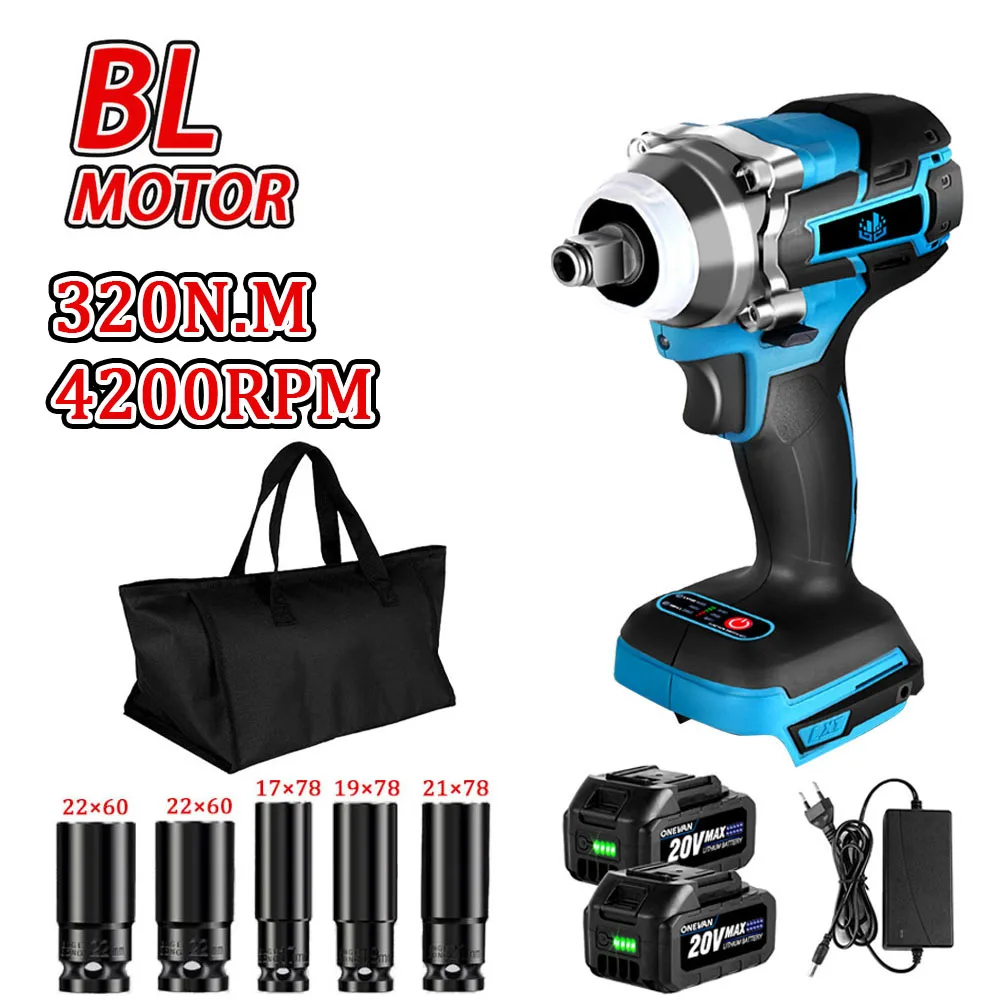 320N.M Brushless Electric Impact Wrench Cordless Handheld 2 Gear Adjustment 1/2 Inch Car Repair Power Tool with 2pc Battery