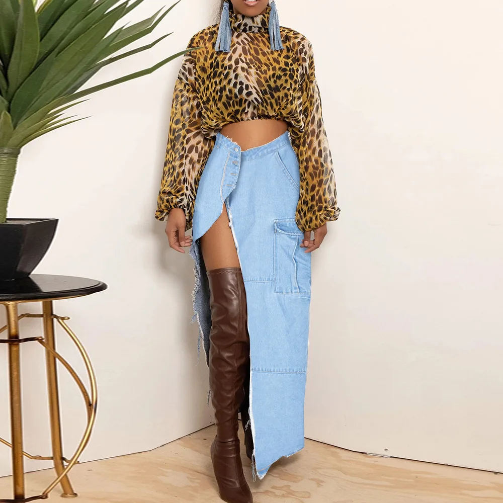 

Denim Skirts Women Slit A-line Design Stylish Korean Style Ladies Solid Sexy High Waist Long Skirt Streetwear Fashion Summer