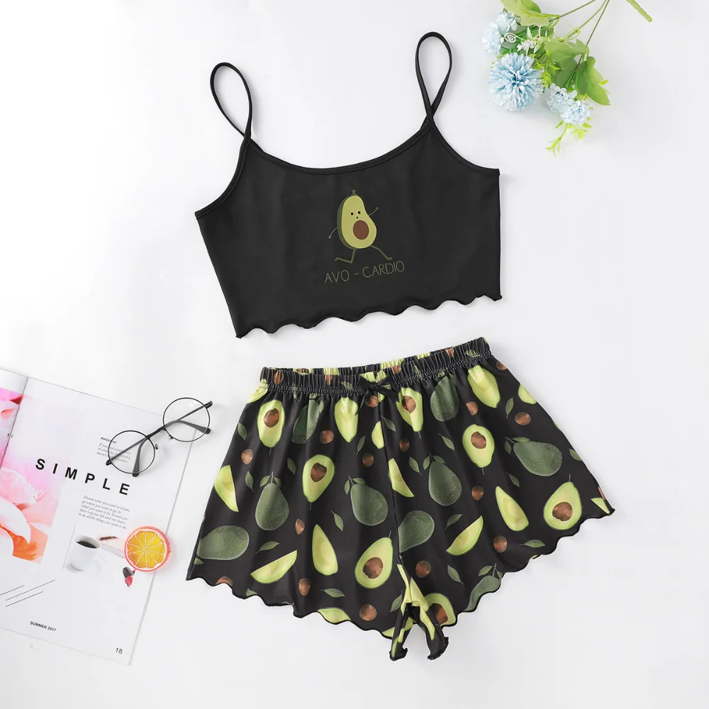 Avocado Print Pajamas Women's Suspender Cami Short Underwear Nightdress Set Stylish sexy Home Women's Underwear Nightdress set