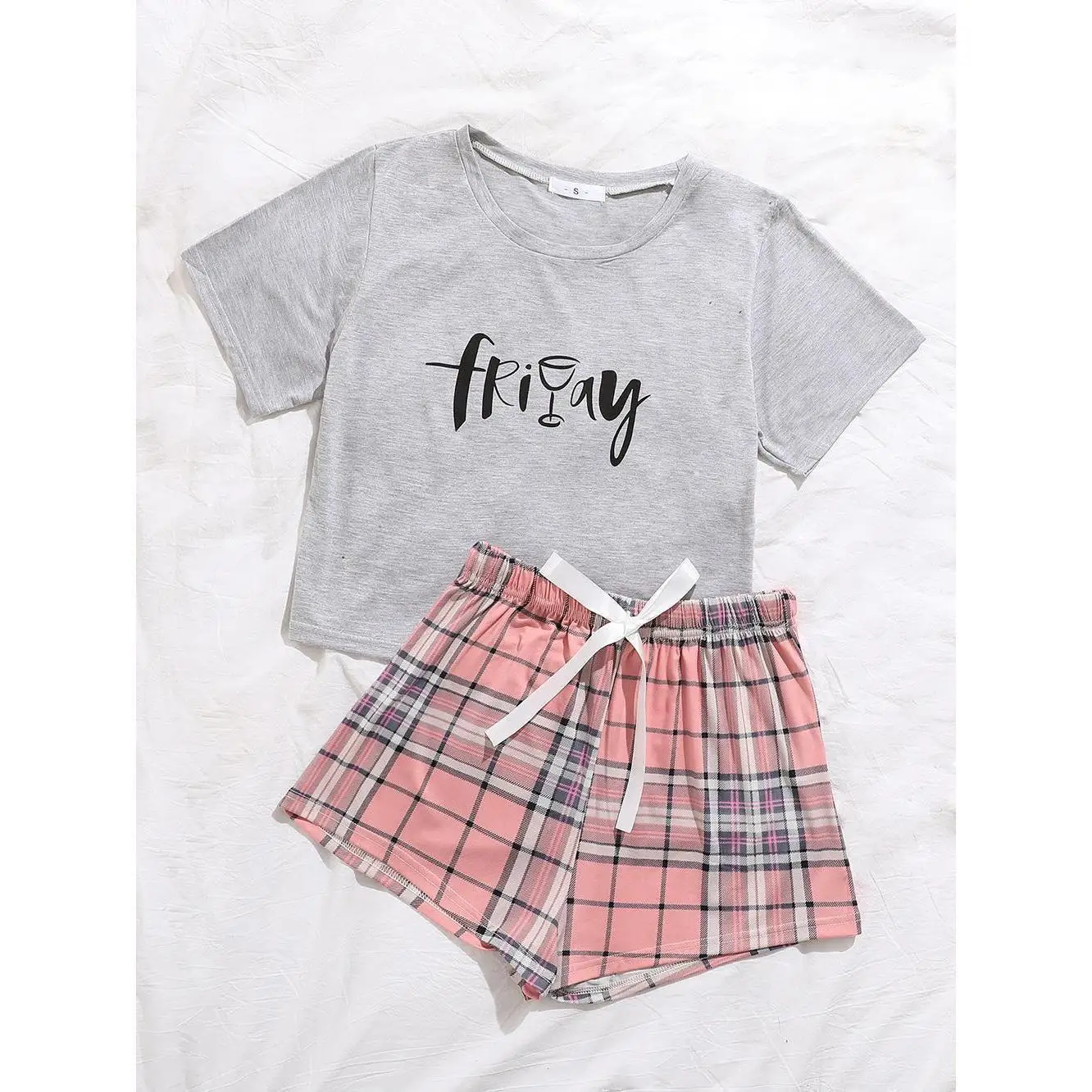 Women's Pajamas Two Piece Sets Summer Short-sleeved Top Casual Lace-up Plaid Shorts Homewear Suit Nightwear Women Pijamas Pjs