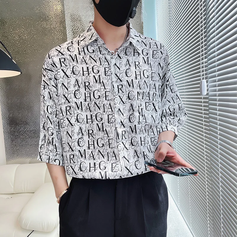 Full Letter Printed Shirts Men Summer Half Sleeve Loose Casual Shirt Hip Hop Harajuku Tops Social Oversized Shirts Men Clothing